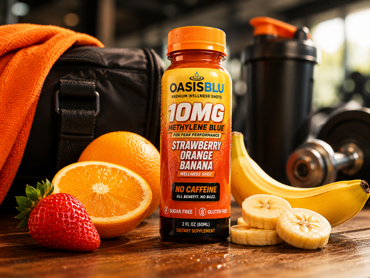 Oasis Blu supplement bottle with fruits and gym equipment on a wooden surface