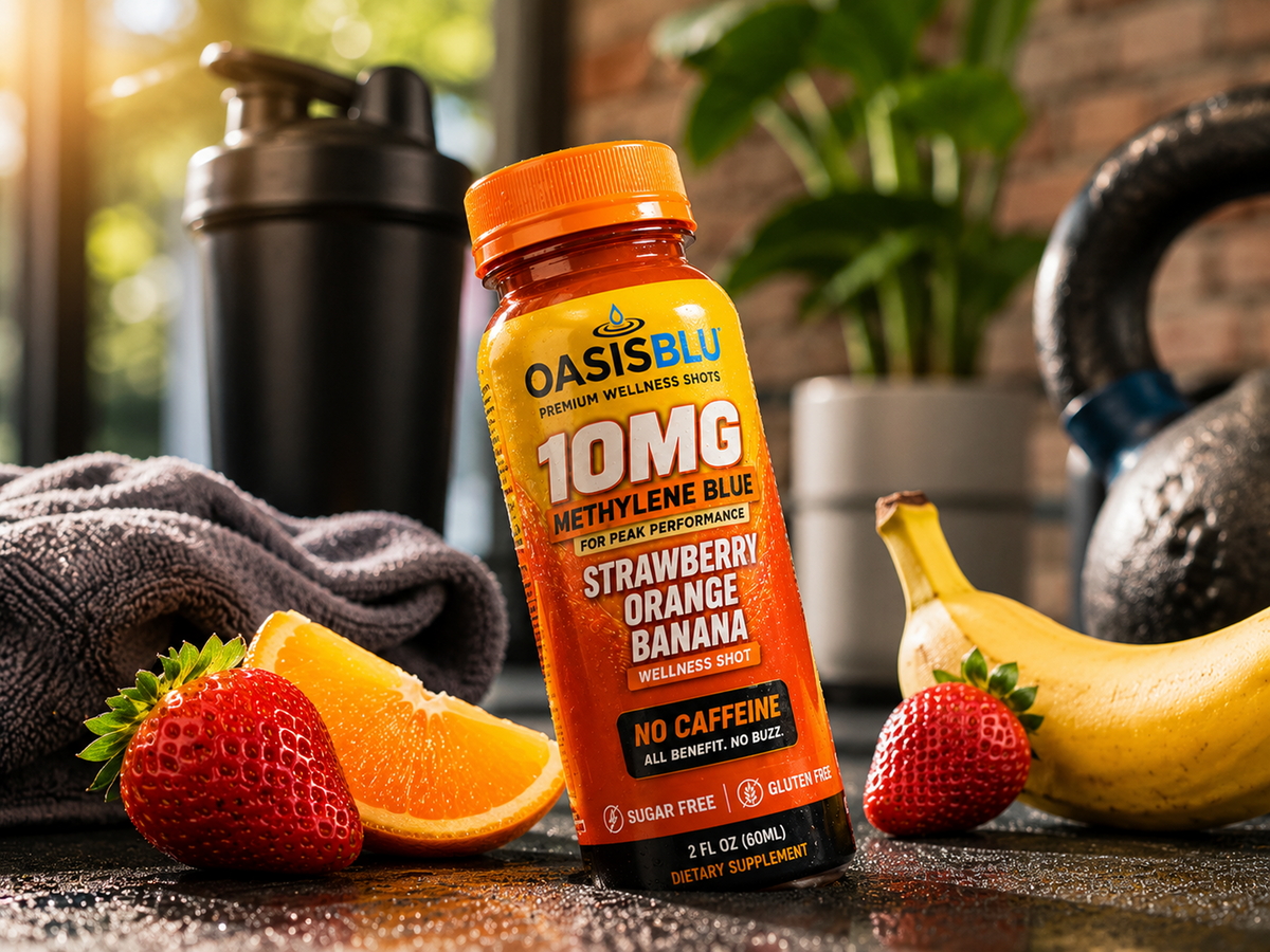 OasisBLU supplement bottle with strawberries, orange, and banana on a reflective surface.