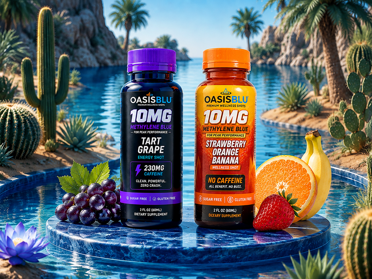 Two bottles of OasisBlu supplements on a poolside table with fruits and cacti in the background.
